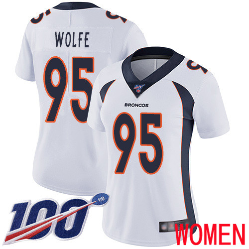 Women Denver Broncos #95 Derek Wolfe White Vapor Untouchable Limited Player 100th Season Football NFL Jersey->women nfl jersey->Women Jersey